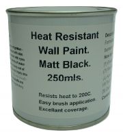 1 x 250ml Matt Jet Black Heat Resistant Wall Paint. Wood Burner Stove Alcove. Brick, Concrete, Plaster, Cement Board, Rendering, Metal, Timber etc.